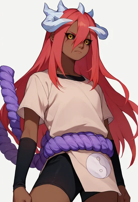 score_9, score_8_up, score_7_up, source_anime, <lora:Tayuya-000011:1> tayuya, red hair, long hair, yellow eyes, dark skin, tan tunic, purple rope belt, black shorts, arm warmers, white horns
