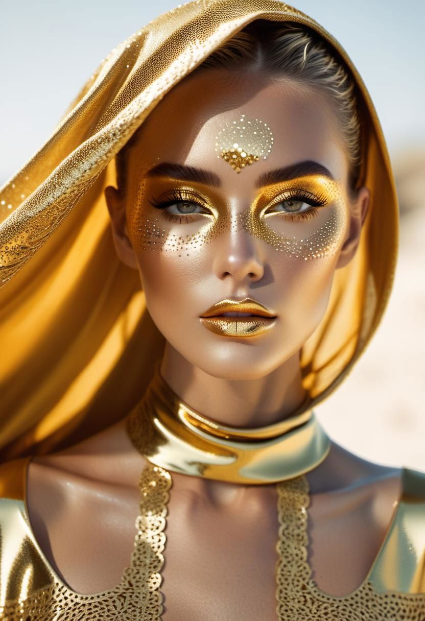 Fashion photography long shot of sexy young woman with (freckles) wearing (golden cloths) with (intricate model) and partially see-trough, outdoor, warm light, relaxed, golden lips, golden sunglasses, golden hair.