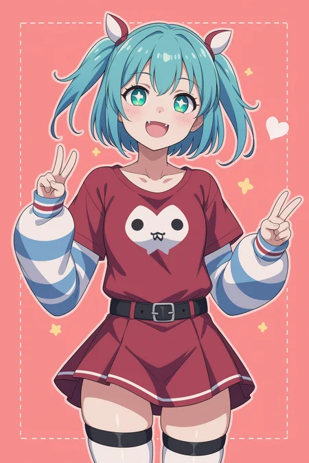 score_9, score_8_up, score_7_up,
1girl,solo,diamond_\(shape\),fang,long_sleeves,;d,outline,heart,cowboy_shot,bambi2000line,zettai_ryouiki,skirt,open_mouth,symbol-shaped_pupils,v,belt,polka_dot,orange_hair,looking_at_viewer,brown_hair,two_side_up,red_skirt,layered_sleeves,short_over_long_sleeves,highres,thigh_belt,shirt,light_blush,orange_background,short_hair,short_sleeves,star_\(symbol\),single_thighhigh,hair_intakes,miniskirt,thigh_strap,oka_asahi,>_o,colored_inner_hair,smile,multicolored_hair,striped_sleeves,diamond-shaped_pupils,white_outline,simple_background,solo,1girl,t-shirt,onii-chan_wa_oshimai!,two-tone_hair,polka_dot_background,pleated_skirt,thighhighs,one_eye_closed,green_eyes