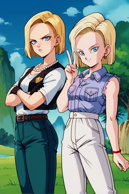 score_9,score_8_up,score_7_up, score_6_up, outdoors, (2girls), mount paozu, blue sky, cloud, grass,thin mountain, cliff, bush,cowboy shot,looking at viewer <lora:Android18Pony:0.5>  <lora:MountPaozuPony:0.5> 
BREAK a18,1girl, blonde hair, light blue eyes, short hair, crossed arms, pout, white t-shirt, black cropped vest, open vest, pearl necklace, midnight green jeans, black gloves, gold badge, brown belt, grey belt buckle, (yellow earrings:1.2), (from side:0.7),nose, lips,single gold bangle,
BREAK retro artstyle,a18,1girl, blonde hair, blue eyes, short hair,lavender denim shirt, sleeveless shirt, white jeans, red earrings,(red bangle:0.7), (hand behind back:0.7), hand up, anime screencap,v,smile,head tilt,(vertical lines:0.8)