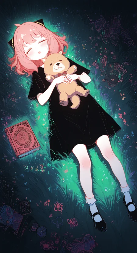 masterpiece, best quality, good quality, very awa, newest, highres, absurdres, anya \(spy x family\), 1girl, solo, blush, open mouth, dress, holding, closed eyes, pink hair, short sleeves, outdoors, lying, shoes, socks, medium hair, on back, black footwear, black dress, book, white socks, stuffed toy, grass, sleeping, stuffed animal, child, dog, on ground, holding stuffed toy, hairpods, on grass, limited palette, sketch, glowing, psychedelic, <lora:illustriousXL_stabilizer_v1.23:0.3> <lora:NOOB_vp1_detailer_by_volnovik_v1:0.3> <lora:ponyv6_noobE11_2_adamW-000017:0.3> <lora:114558v4df2fsdf5:0.6> <lora:XXX667:0.4> <lora:mon_monmon2133:0.5>