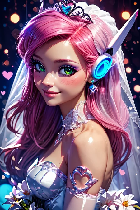 score_9, score_8_up, score_8, medium breasts, (curvy), cute, eyelashes, BREAK, , zzNukuNuku, green eyes, pink hair, long hair, robot ears, <lora:NukuNuku_PDXL:0.8>, , BREAK, (ultra realistic,32k, masterpiece:1.2),(high detailed skin:1.1),( high quality:1.1), curvy, head tilt, hearts, blush, lips, curvy, head tilt, shiny clothes, (upper body), looking at viewer, bokeh, luminescent background, smile, looking at viewer, bride, wedding dress, bridal veil, strapless dress, elbow gloves, holding bouquet, hearts, white outline, cowboy shot, embedding:zPDXL, Expressiveh, <lora:RlAnmPDXL:1.0>,