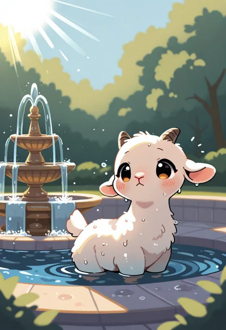 "(masterpiece, best quality, high quality, highres), very awa, highres, absurdres,
(naguru \(cyoroama\):0.9), (chii-kun \(seedyoulater\):0.7), (pikaole:0.8),
(goat:1.1),
(no humans:1.1), (cute:1.2), comfy, solo, cozy,
bathing, day, sunlight, sun rays, wet, embarrassed, relaxed, joy, fountain, park, "
