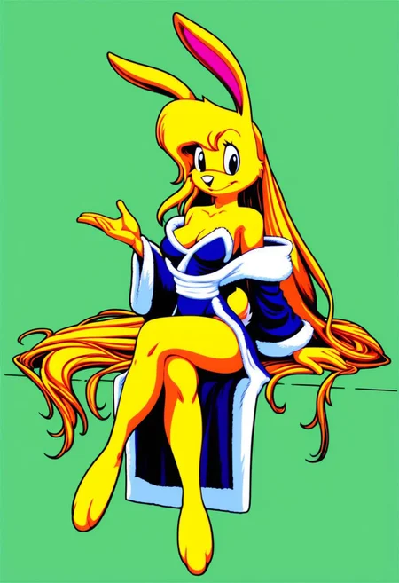 score_9, score_8_up, score_7_up, score_6_up, score_5_up, score_4_up, retro artstyle, BREAK
LoriJackRabbitPXL, rabbit girl, long blonde hair, yellow fur,1girl, solo, breasts, yellow hair, furry female, furry, sitting, long hair, very long hair, green background, crossed legs, black eyes, animal ears,rabbit tail, smile, robe, wide sleeves, full body, animal nose, cleavage, looking at viewer, off shoulder, absurdly long hair, closed mouth,yellow fur,rabbit girl,rabbit ears, medium breasts,rabbit tail, eyeshadow, dress, flat color, no bra, simple background, bare shoulders, body fur
<lora:lorijackrabbit-v1:0.9>