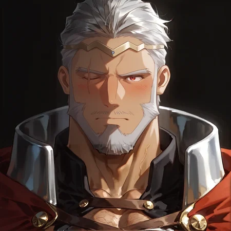 upper body,
<lora:King_Clays__I_Parry_Everything-000008:.9> King Clays / I Parry Everything, Gray hair, red eyes, One-Eye, Right eye scar, (Right eye closed), circlet, Dark skin,
(short hair), male focus, muscular male, large pectorals, muscular male, bara, mature, (hairy body, body hair, hairy body, glossy skin, bara, mature, facial hair, beard, sideburn, beard, full beard, stubble), facial hair, bara, mature, body hair, aixiwuganda_(20222192), very awa, masterpiece, best quality, absurdres, newest, perfect quality, detailed background, intricate details <lora:slider_Body Type_alpha1.0_rank4_noxattn_last:2><lora:Anime Summer Days 2 Style SDXL_LoRA_Pony Diffusion V6 XL:.6><lora:merged:.5>, DARK, DARK BACKGROUND, LOW-KEY LIGHTING <lora:slider_cfg_scale_boost:.7><lora:Artist6p:.55>, Artist6p, Artist04p<lora:style_Heavenly_Beauty_r1:1>, (heavenlybeauty,) <lora:slider_il_contrast_slider_d1:-.7>