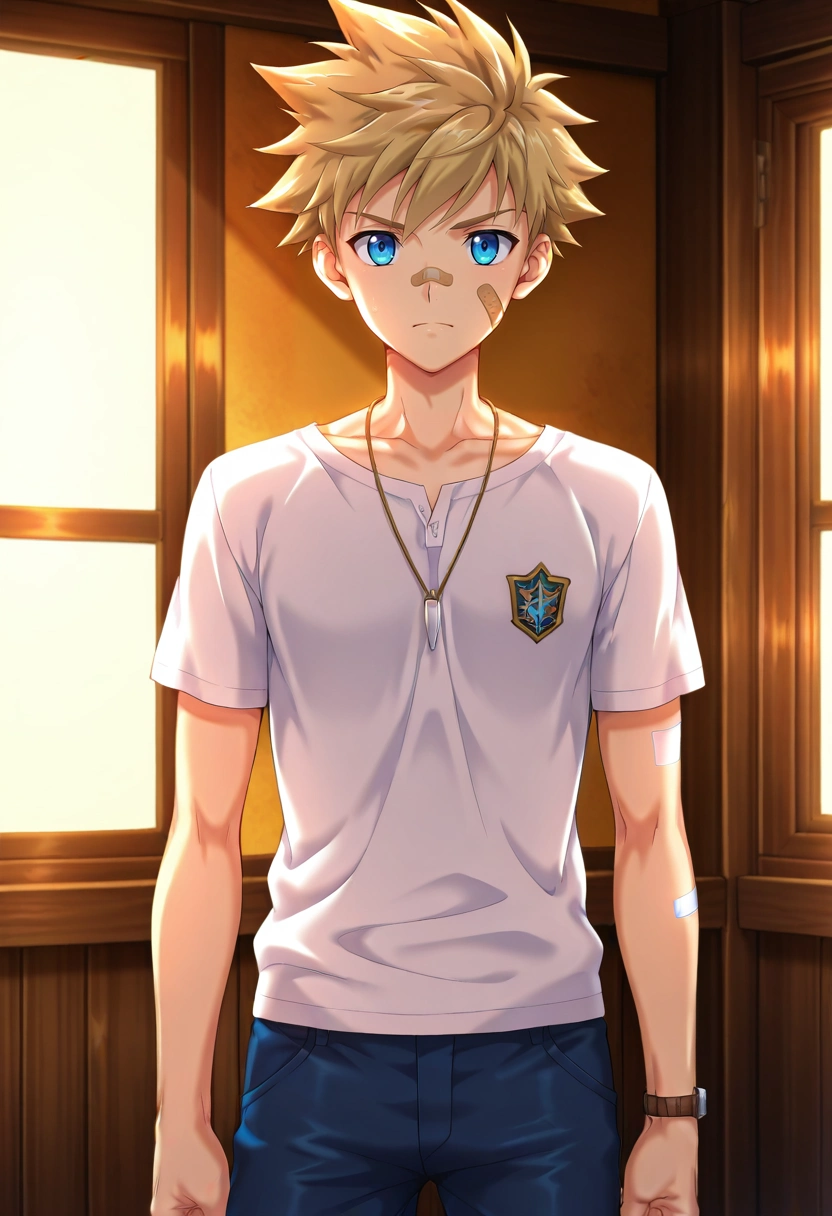 masterpiece, best quality, anime screencap, 1boy, solo, male focus, <lora:connor_bleufin_ilxl:0.94>, connor_bleufin, blonde hair, blue eyes, short hair, spiked hair, bandaid on face, necklace, cowboy shot