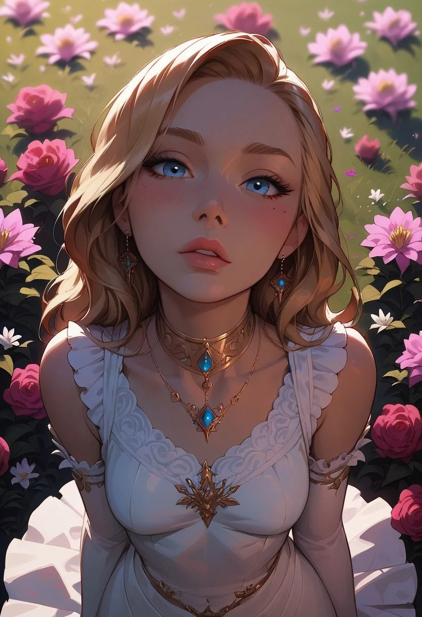 (score_9, score_8_up, score_7_up), g0thicPXL, lilandavastyle, Expressiveh,
from above, detailed background, face portrait, detailed face, flower field, renaissance clothes,
BREAK
1girl, sexy girl, long blonde hair, blue eyes, blush, light makeup, colour theory, (small breasts),
