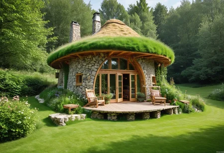 in front hangs a one-story fabulously magical house of a fairy, a wizard, a wizard, built of stone, covered and merged with nature, the roof reaches the ground and is completely covered with grass and green grass, a large veranda. in front of a table and chairs made from the branches of bushes and trees, deck chair type, large barbecue, windows, stone chimney, spacious inside, avant-garde ecologically independent house merging with nature, built from natural materials found in nature, fantastically fabulous style, photorealism, sense of harmony and tranquility, relaxation, fantasy and magic