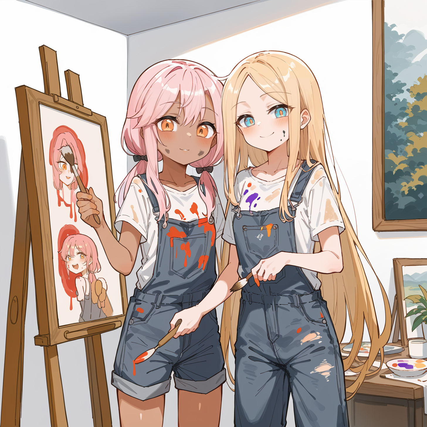 2girls, painting \(object\), painting \(action\),  indoors, art room, 1girl, dark skin, orange eyes, pink hair, low twintails, overalls, t-shirt, paint, dirty clothes, dirty, holding paintbrush, small breasts, chestnut mouth, looking at viewer, explaining, standing <lora:Kuro_XL:0.8>
BREAK
2girls, painting \(object\), painting \(action\), indoors, art room, 1girl, very long hair, parted bangs, blonde hair, blue eyes, overalls, t-shirt, paint, dirty clothes, dirty, holding paintbrush, looking at viewer, seductive smile, blush, small breasts, skinny, height difference,   <lora:abby_xl:0.8>, score_9, score_8_up, score_7_up, score_6_up, score_5_up, score_4_up, BREAK source_anime, masterpiece