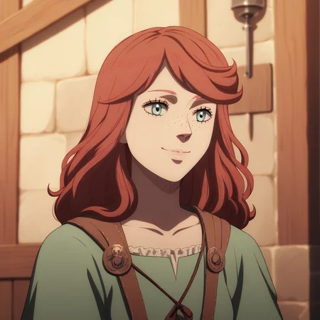 <lora:SlimesRebeccaScarlet:1>, score_9, score_8_up, score_7_up, slimes_rebeccascarlet, woman, solo, upper body shot, freckles, smiling, (straight hair:1.3), medieval home background