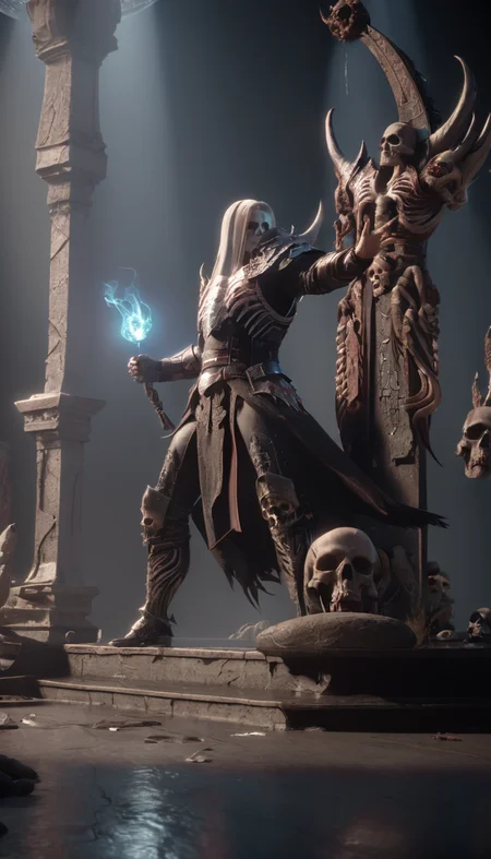 professional 3d model Cinematic scene, hero view, d4d necromancer <lora:diablo_4_necromancer_xl_v1:1>, action pose, masterpiece, best quality, high quality, highres, absurdres . octane render, highly detailed, volumetric, dramatic lighting