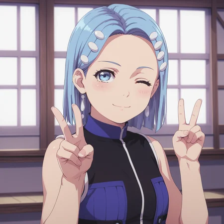 <lora:SlimesKomachiAizome:1>, slimes_aizome, score_9, score_8_up, score_7_up, woman, solo, winking, peace handsign, :P