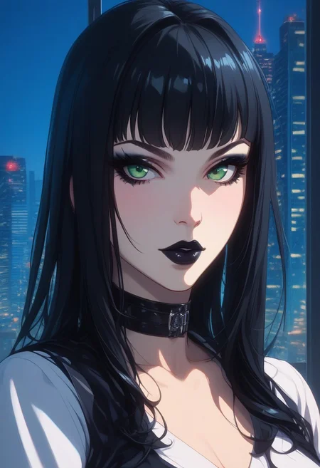 score_9,score_8_up,score_7_up,score_6_up,score_5_up,score_4_up, digital art, female portrait, semi-realistic, 3D illustration, GLSHS, high-resolution, 1girl, solo, partially covered in shadow, hard colors. city skyline in window, glass office background, night, goth girl, black hair. close-up, wearing a suit, pretty girl with long hair, tied hair, black lips,  pale skin,, green eyes, lips, makeup, looking at viewer,
