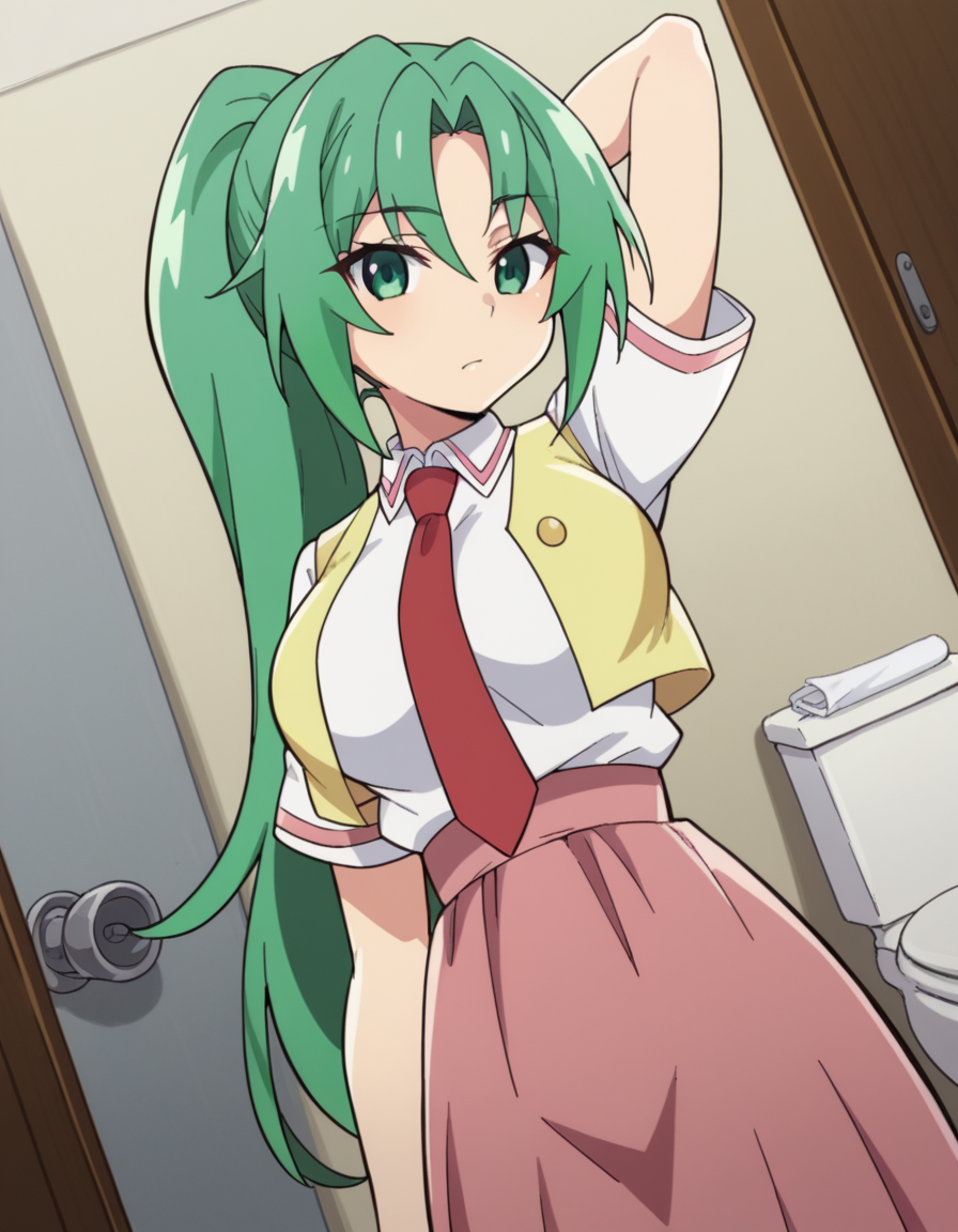 score_9, score_8_up, score_7_up, source_anime, <lora:mion-sonozaki-s4-ponyxl-lora-nochekaiser:1>, mion sonozaki, long hair, green eyes, ponytail, green hair, large breasts,, skirt, shirt, school uniform, white shirt, short sleeves, necktie, vest, red necktie, pink skirt, high-waist skirt, long skirt, open vest, yellow vest,, toilet stall, privacy, tiles, toilet paper, door, , hand behind head, , looking at viewer, solo,, dutch angle, cowboy shot