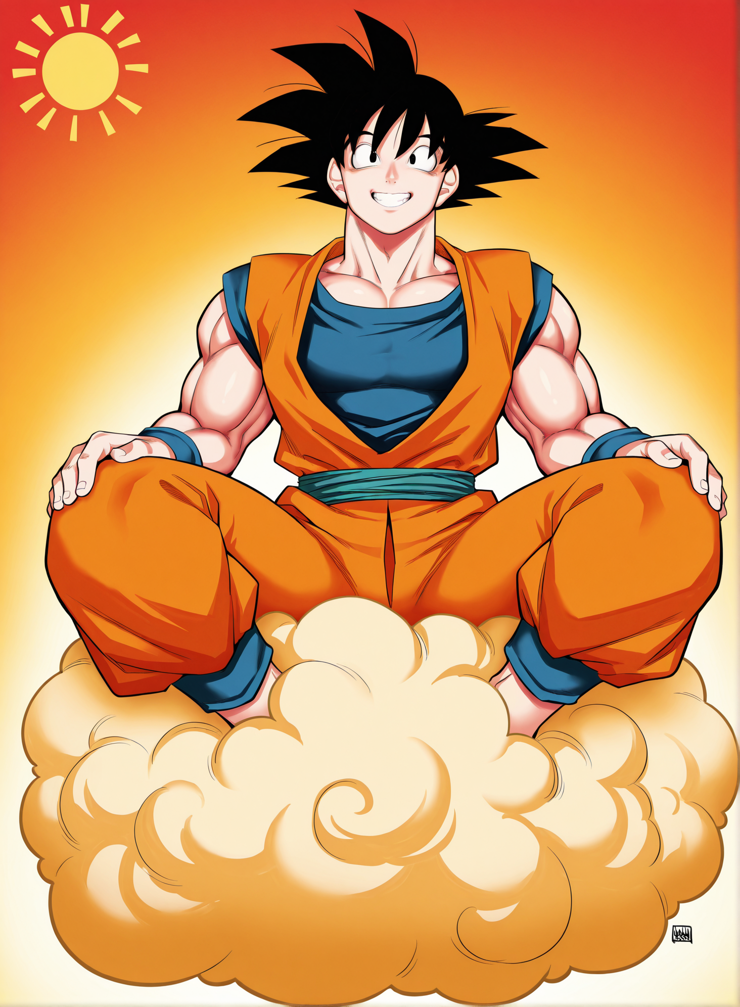masterpiece, best quality, amazing quality, absurd res,
 <lora:Shuten_Douji_Style_for_Illustrious:1> shuten_douji
1boy, solo, goku, muscular male, orange outfit, sitting on flying nimbus, smile, grin, sun, flying,