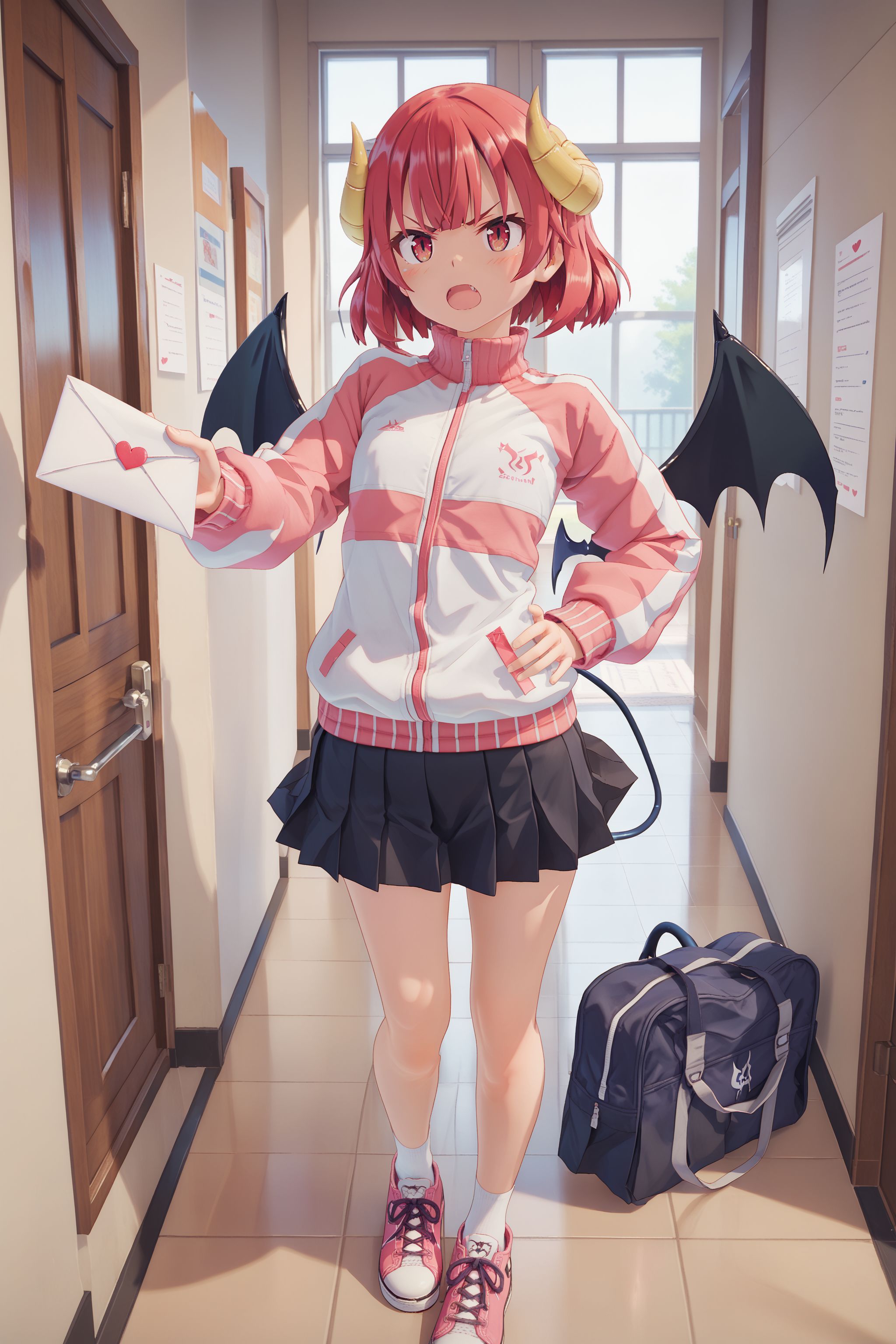 score_max, (score_9, score_8_up, score_7_up:1.2), score_6_up, official art, 3d,
school, hallway, window,
standing, hand on hip, reaching, holding love letter, angry, open mouth, blush, looking at viewer, 
kurona, red hair, demon girl, yellow horns, demon wings, demon tail, chirucos, track jacket, multicolored jacket, pink jacket, white jacket, long sleeves, pleated skirt, black skirt, white socks, pink footwear, sneakers
<lora:XL_Pony_game-galgun2-kurona-t1:1>