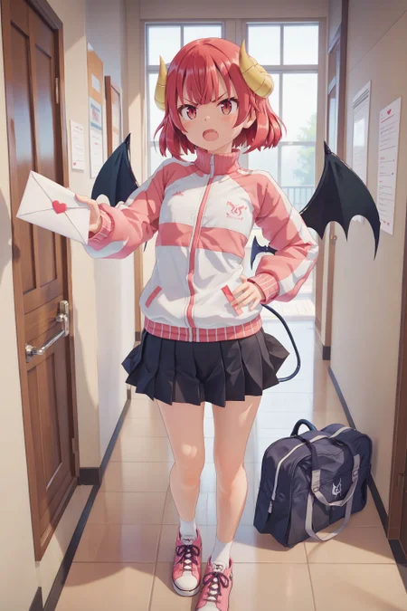 score_max, (score_9, score_8_up, score_7_up:1.2), score_6_up, official art, 3d,
school, hallway, window,
standing, hand on hip, reaching, holding love letter, angry, open mouth, blush, looking at viewer,
kurona, red hair, demon girl, yellow horns, demon wings, demon tail, chirucos, track jacket, multicolored jacket, pink jacket, white jacket, long sleeves, pleated skirt, black skirt, white socks, pink footwear, sneakers
<lora:XL_Pony_game-galgun2-kurona-t1:1>