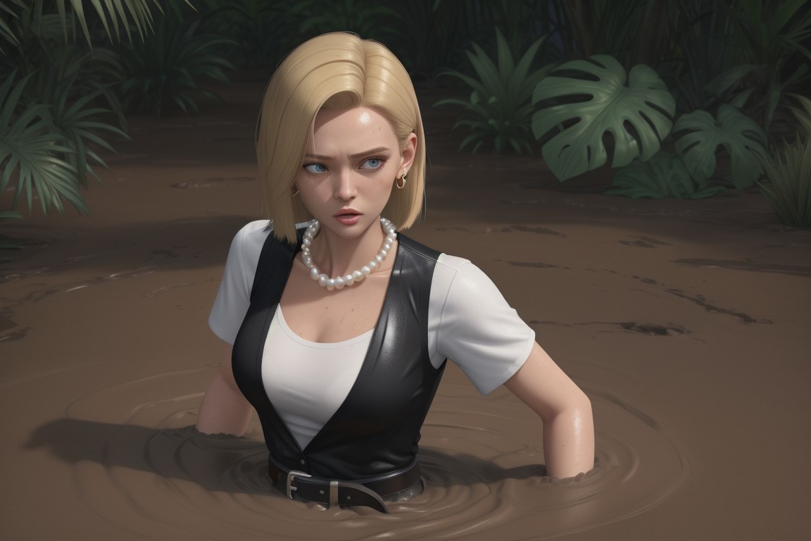 Masterpiece, best quality, shiny skin, 1girl, medium breasts, waist-deep, rainforest, clearing, tropical plants, 3d animation, cgi, from above, looking at the viewer, scared, :o,  partially submerged, sinking in quicksand, brown mud, and18, 1girl, android 18, solo, blonde hair, blue eyes, belt, jeans, pearl_necklace, bracelet, black gloves, white shirt, short hair, short sleeves, earrings, blue pants, open vest, black vest, large breasts