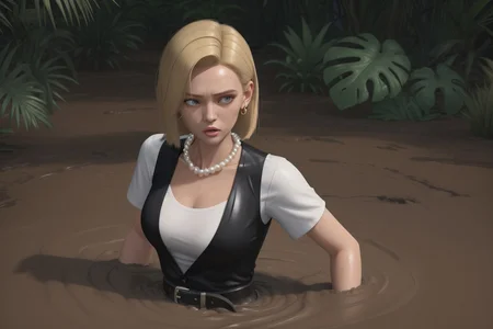 Masterpiece, best quality, shiny skin, 1girl, medium breasts, waist-deep, rainforest, clearing, tropical plants, 3d animation, cgi, from above, looking at the viewer, scared, :o,  partially submerged, sinking in quicksand, brown mud, and18, 1girl, android 18, solo, blonde hair, blue eyes, belt, jeans, pearl_necklace, bracelet, black gloves, white shirt, short hair, short sleeves, earrings, blue pants, open vest, black vest, large breasts