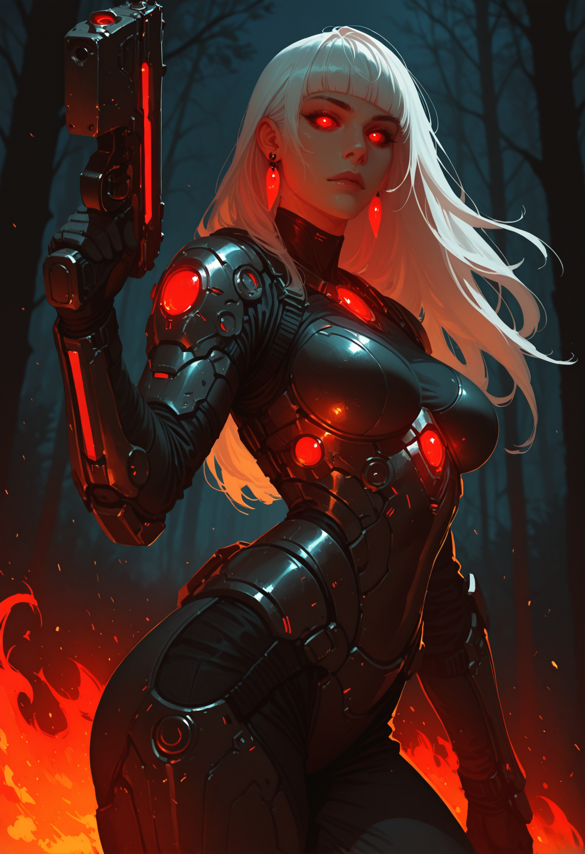 1girl, solo, weapon, long hair, earrings, jewelry, forest, gun, nature, armor, breasts, red eyes, holding, holding weapon, white hair, science fiction, blunt bangs, holding gun, glowing, lips, outdoors, night, glowing eyes, cowboy shot, medium breasts, colored sclera, looking at viewer, fire, masterwork, masterpiece, best quality, dynamic lighting , dynamic pose,,  dynamic angle, , , (realistic:1.2), (lineless:1.2), detailed,  , aged up, adult, depth of field, dynamic lighting, blurry, cheekbones,