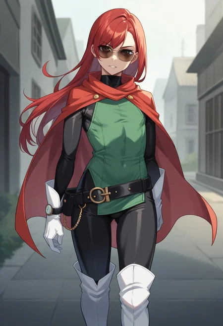 score_9, score_8_up, score_7_up, score_6_up, 1boy, solo, source_anime, boy, flat chested  BREAK gr34tsm4n, green tunic, black belt, white boots, black bodysuit, red hair, long hair  white gloves, wristwatch, red cape, cowboy shot, curvy, outdoors, looking at viewer, sunglasses