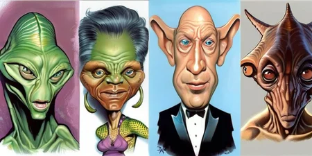 The exotic life of Caricaturized aliens <lora:SDXL-Caricaturized-Lora:1>, Very detailed, clean, high quality, sharp image, Dave Dorman, Saturno Butto