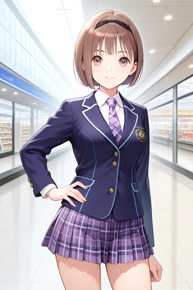 <lora:Hoshizaki_Ao_Blue_Reflection_Illus:1>1girl, solo, looking at viewer, short hair, skirt, shopping mall, mall background, center of attention, dark brown hair, white background, brown eyes, school uniform, standing, jacket, cowboy shot, pleated skirt, hairband, headband, light purple tartan necktie, hand on hip, plaid, plaid skirt, bob cut, blazer, Hoshizaki Ao, school uniform outfit, sexy pose, sexy smile,