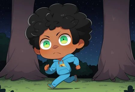 max (camp camp), cartoon theme, max (camp camp), 1boy, solo, human, male focus, curly black hair, curly tousled black hair, afro, dark skin, dark-skinned male, large eyes, round eyes, green eyes,small nose, triangular nose, pointed nose, anoyed face, running, blue hood, blue pants, small body, young boy, chibi, dark forest, night