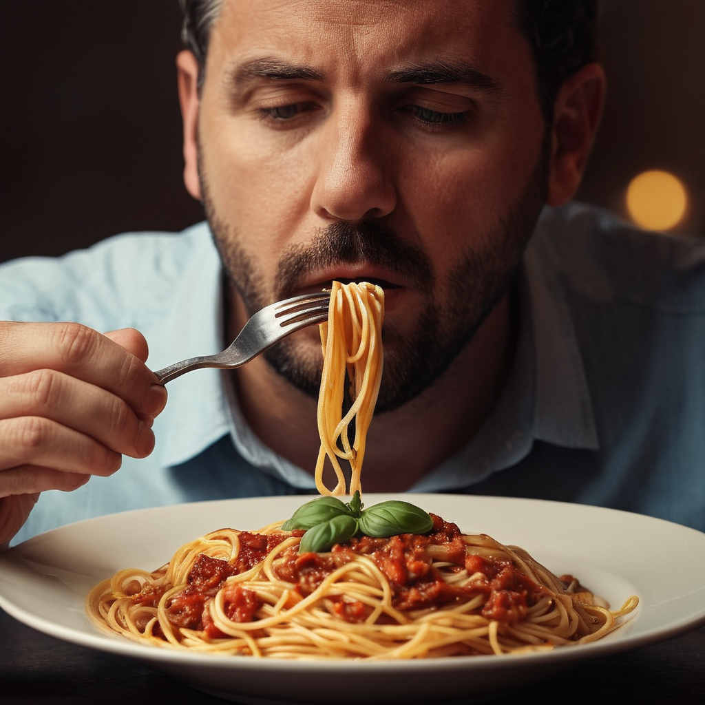 cinematic film still of  <lora:perfection style:0.1>
 <lora:detailed:0.3>
 <lora:Chiaroscuro Lighting Style:0.3>
 <lora:hand 4:0.3>
A detailed and A perfect photo of a very hungry man eating spaghetti from a bowl with a fork next to a glass of wine, shallow depth of field, vignette, highly detailed, high budget, bokeh, cinemascope, moody, epic, gorgeous, film grain, grainy