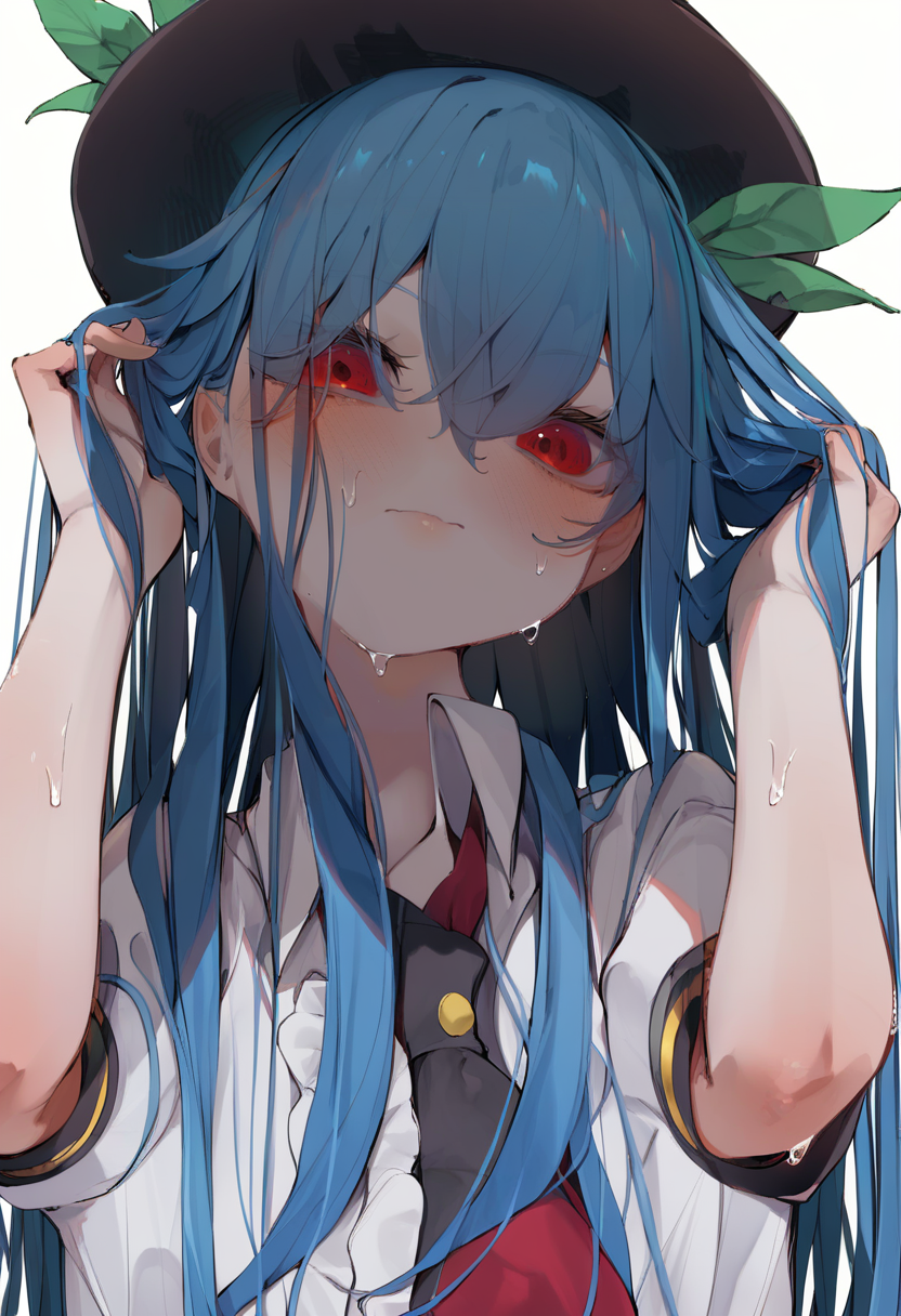 score_9, score_8_up, score_7_up, score_6_up, <lora:tsuneXL_P6_lokr_V53P1:0.95> 1girl, solo, red eyes, long hair, short sleeves, hinanawi tenshi, black headwear, white background, blush, simple background, blue hair, white shirt, hat, shirt, closed mouth, upper body, hair between eyes, puffy short sleeves, puffy sleeves, frills, collared shirt, sweat, looking at viewer, hands in hair, center frills, leaf, hair lift, holding hair, hand in own hair, holding