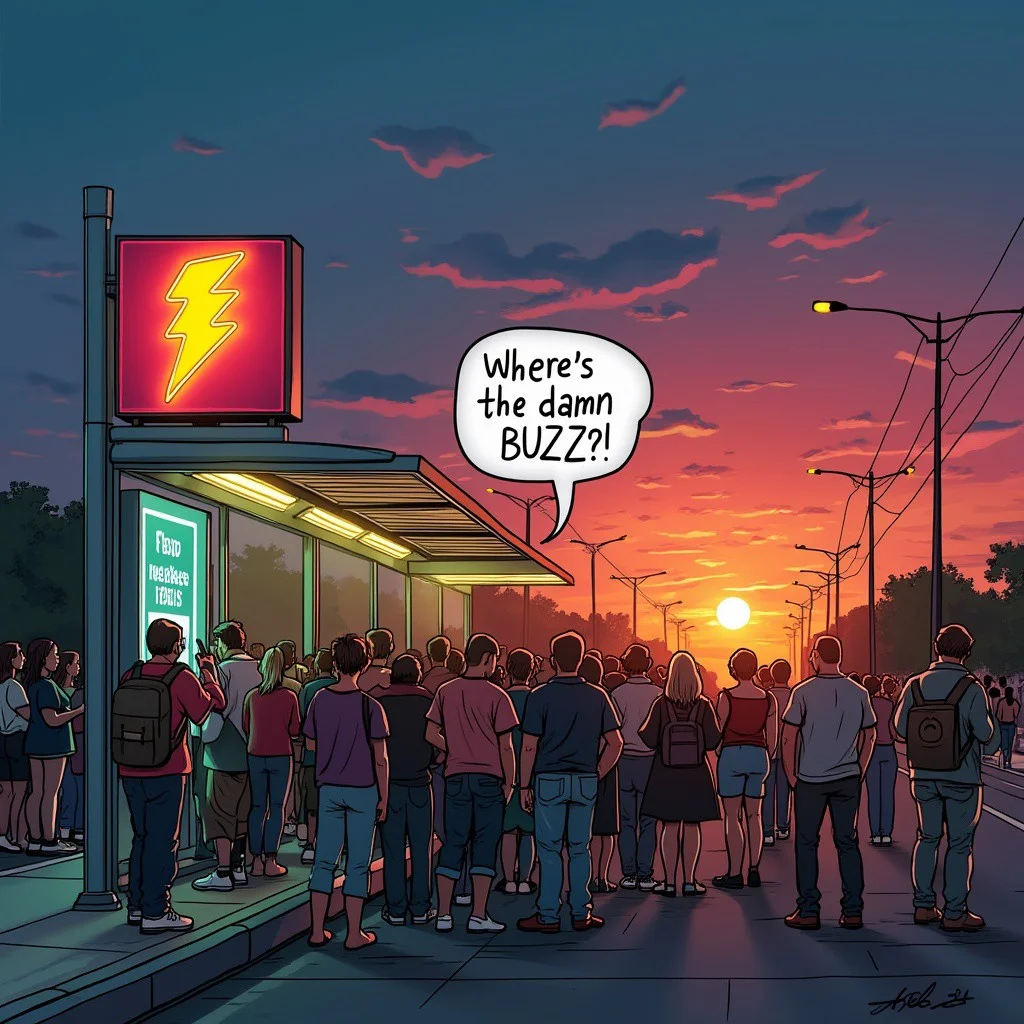 A picture of a crowded bus stop during sunset. In the upper side of the bus stop a neon light sign of a lightning bolt logo. From the crowd of people an speech balloon appears and says: "Where's the damn BUZZ?!"