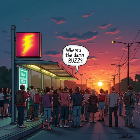 A picture of a crowded bus stop during sunset. In the upper side of the bus stop a neon light sign of a lightning bolt logo. From the crowd of people an speech balloon appears and says: "Where's the damn BUZZ?!"
