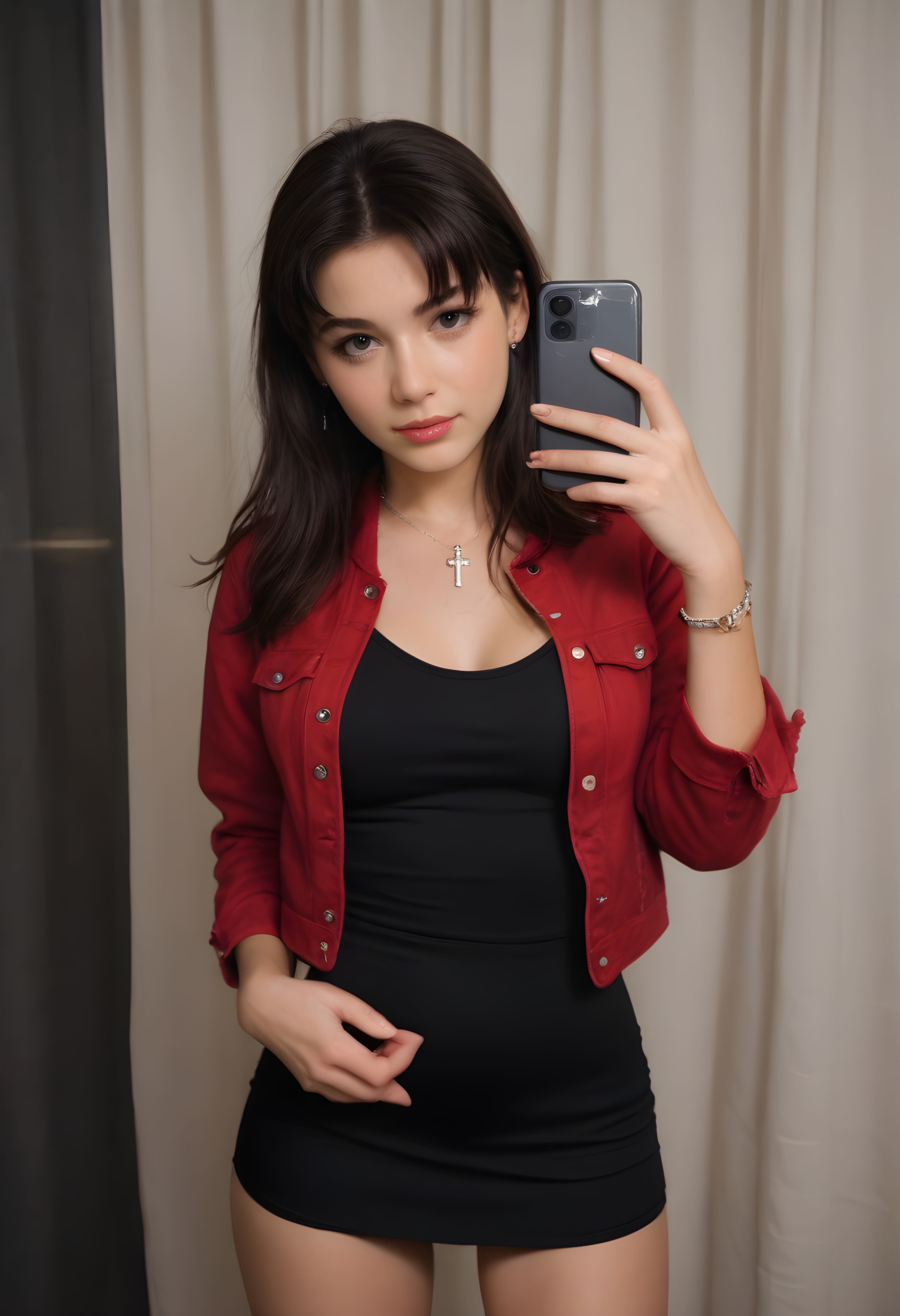 score_9, score_8_up, score_7_up, BREAK, The image shows a woman in a red jacket and black skirt taking a selfie in front of a white curtain. She is holding a mobile phone in her hand and there is text at the bottom of the image. realistic, katsuragi misato, 1girl, solo, long hair, dress, jewelry, jacket, purple hair, necklace, black dress, short dress, cross, red jacket, cropped jacket, cross necklace,  photo, real hair, detailed skin, highly detailed, detailed skin, film grain, <lora:zy_AmateurStyle_v2:0.45>