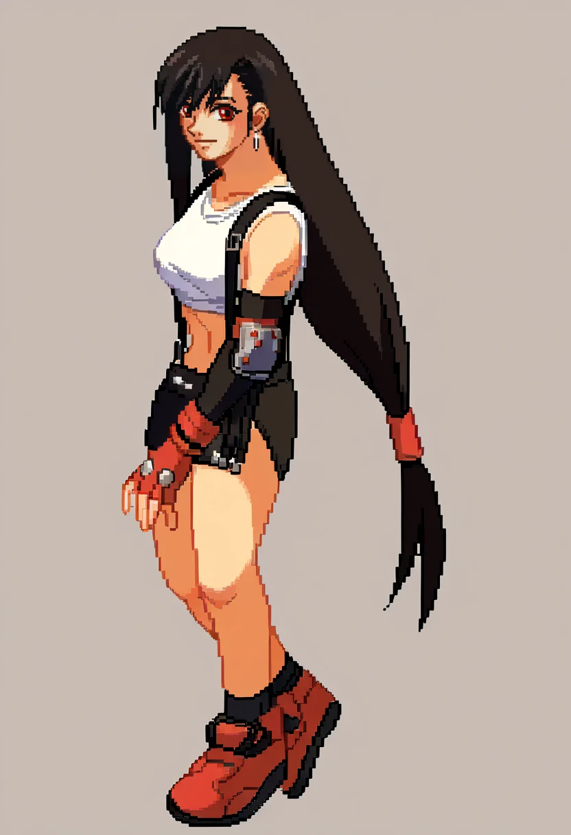 score_9, score_8_up, score_7_up, source_anime, BREAK, solo, 1girl, looking at viewer, <lora:Guilty-Gear-SpritesV2-pdxl_Fp:1>, simple background, pixel art, standing, <lora:tifa-pdxl-nvwls-v1:1>, defTif, red eyes, black hair, low-tied long hair, earrings, white sports bra, black suspenders, black miniskirt, arm warmers, black elbow gloves, elbow pads, red gloves, red footwear