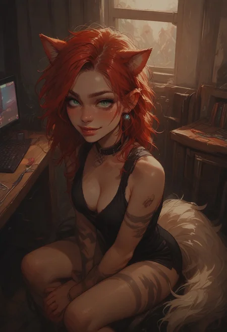 (score_9, score_8_up, score_7_up, from above,
Red hair, dark hair, two toned hair, medium breasts, looking back at viewer, Solo, 1girl, choker, collar, shock collar, Marked Tattoo, Tattoo, Sitting, Arcanine ears, Arcanine tail, pet, pet play, bdsm, Light skin, Neko, Green Eyes, Arcanine eyes, Dog Ears, Dog Tail
Jacket Shirt, bare chest, smiling, 
Indoors, College, Dorm, Desk, Chair, Keyboard, Mouse (PC), RGB, Gamer, Neon. Laptop, HDA_pet_play