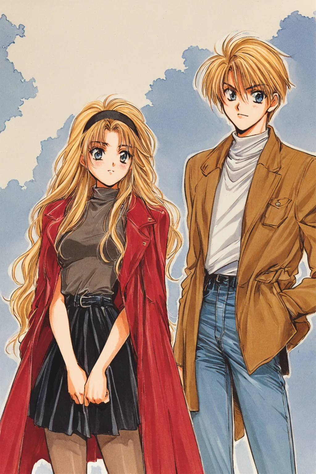 1girl,1boy,pantyhose,long hair,blonde hair,brother and sister,siblings,jeans,retro artstyle,1990s (style),skirt,hairband,denim,coat,pants,traditional media,<lora:Yuki Kaori_XL:0.8>,