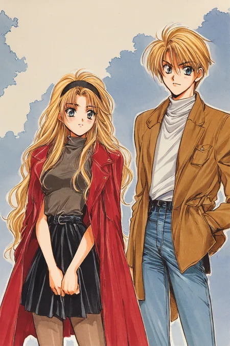 1girl,1boy,pantyhose,long hair,blonde hair,brother and sister,siblings,jeans,retro artstyle,1990s (style),skirt,hairband,denim,coat,pants,traditional media,<lora:Yuki Kaori_XL:0.8>,