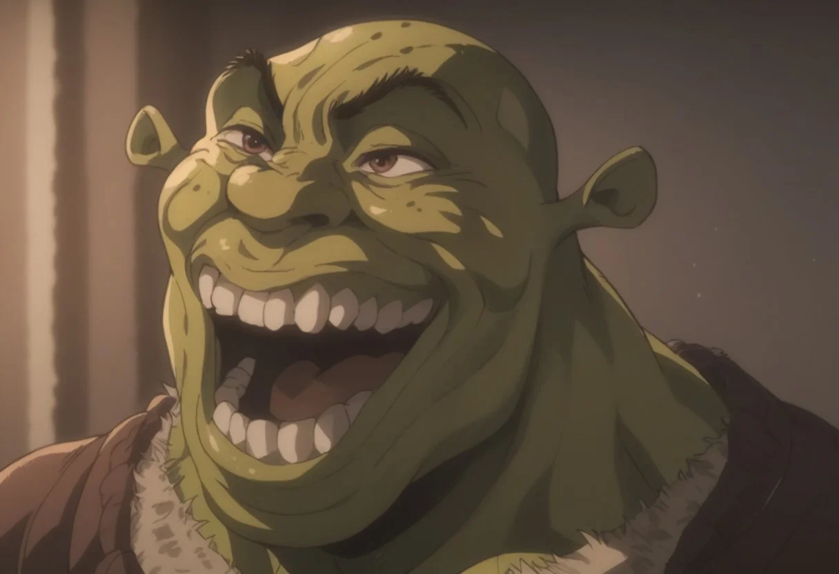 score_9, score_8_up, score_7_up, 1 boy, Yujirohanmalaugh. Yujirolaugh. smile. teeth. grin. open mouth. shrek, green skin, bald
