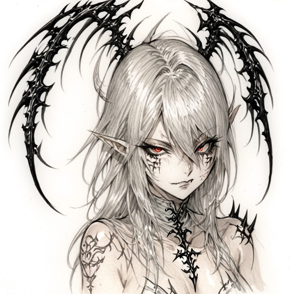 dark nun, thanatos, anime girl, 1girl, sexy, metallic, white look, elf, fairy, pixie, sharp wings, spikes on wings, cute face, detailed face, tattoo sketch, white background, traditional media, sketch