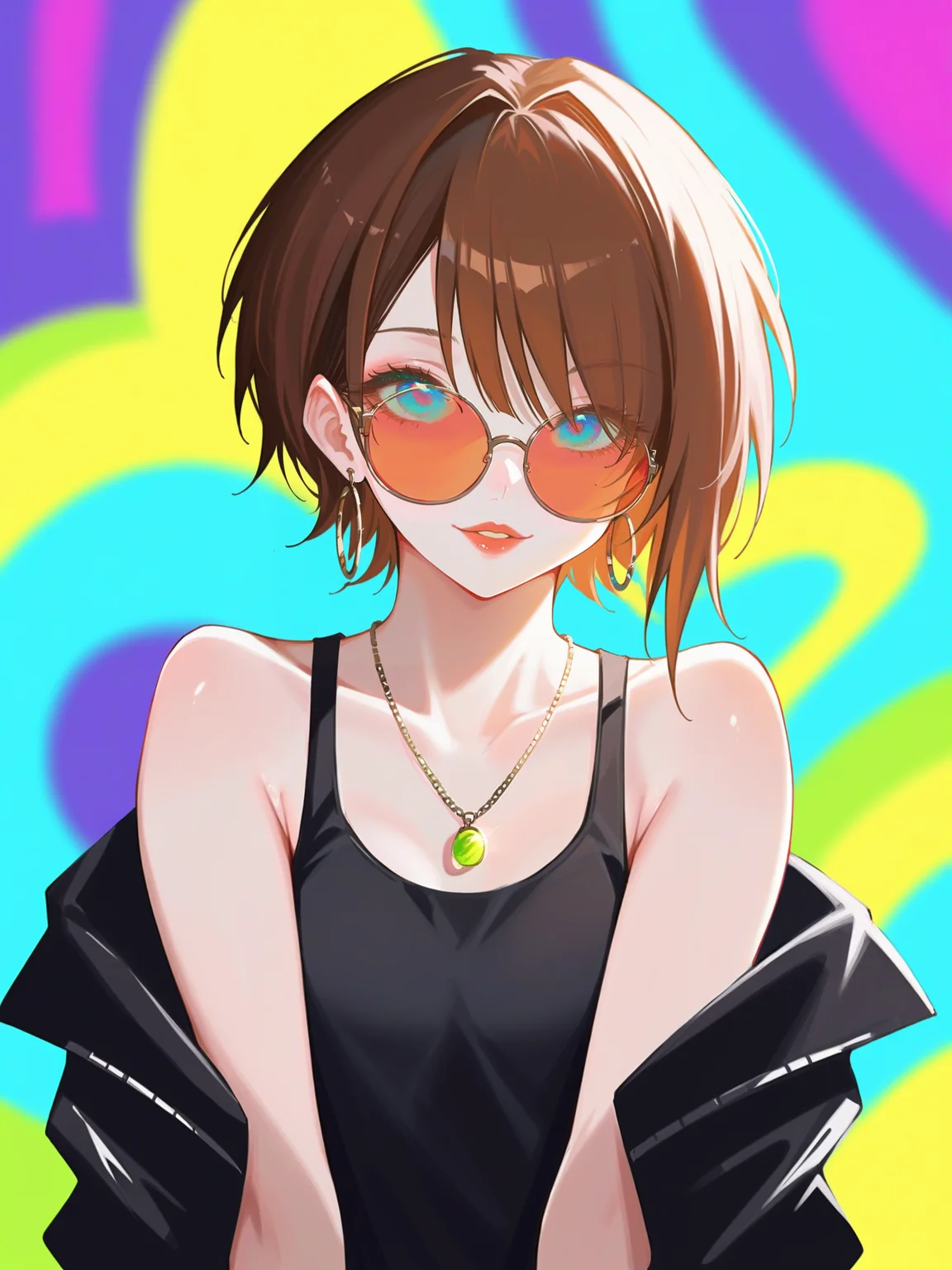 Digital illustration featuring a young woman with fair skin and shoulder-length brown hair. She is wearing round sunglasses with a reflective tint, a black tank top with the word 'Thalai' in white script, and a black jacket draped over her shoulders. She has a delicate necklace with a small pendant and hoop earrings. The background is a colorful graffiti wall with various abstract shapes and vibrant hues of blue, pink, and green. The overall style is modern and edgy, with a focus on urban fashion and street art.. easynegative, sinozick style, flat color, dark theme, (eyes visible through eyewear),  <lora:neorarty3_style_pony:1>