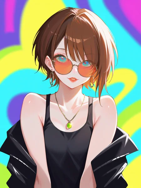 Digital illustration featuring a young woman with fair skin and shoulder-length brown hair. She is wearing round sunglasses with a reflective tint, a black tank top with the word 'Thalai' in white script, and a black jacket draped over her shoulders. She has a delicate necklace with a small pendant and hoop earrings. The background is a colorful graffiti wall with various abstract shapes and vibrant hues of blue, pink, and green. The overall style is modern and edgy, with a focus on urban fashion and street art.. easynegative, sinozick style, flat color, dark theme, (eyes visible through eyewear), <lora:neorarty3_style_pony:1>