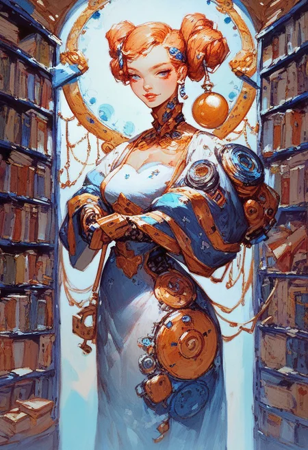 score_9, score_8_up, score_7_up, score_6_up, wide shot, gorgeous woman, librarian, 1girl, mechanical parts, renaisance dress, insane library,
in the style of kim-jjung gi,
, oil painting by norman rockwell .