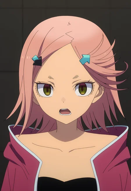 <lora:aki-pony:1>,
aki,solo,hair ornament,open mouth,pink jacket,jacket,hairclip,upper body,looking at viewer,collarbone,open clothes,tube top,open jacket,bandeau,breasts,black tube top,strapless,