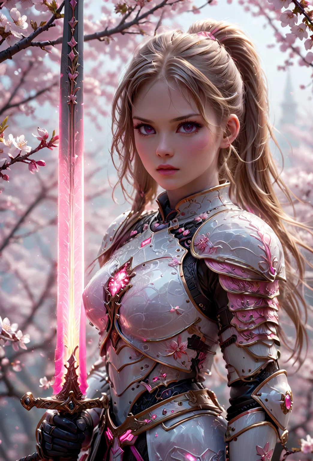 amazing quality, masterpiece, best quality, hyper detailed, ultra detailed, UHD, perfect anatomy, blurry background, outdoor,( cherry blossoms:0.6), fog, studio lighting, bright foreground, face to viewer, background light,
(pink hybrid white) armor, female, pink eyes, holding, sword with ral-elctryzt, ponytail, glowing, shine, dazzling, (on side:1.2), dark blond hair, highlights,
<lora:FantasyKnightsHKStyle:0.85>, HKStyle,
<lora:add-detail-xl:0.75>,
<lora:EnvyBetterHiresFixXL01:0.75>,
<lora:extremely_detailed:1.5>, extremely detailed,
<lora:ral-elctryzt-sdxl:0.6>,