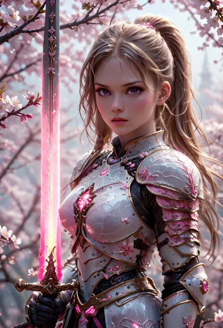 amazing quality, masterpiece, best quality, hyper detailed, ultra detailed, UHD, perfect anatomy, blurry background, outdoor,( cherry blossoms:0.6), fog, studio lighting, bright foreground, face to viewer, background light,
(pink hybrid white) armor, female, pink eyes, holding, sword with ral-elctryzt, ponytail, glowing, shine, dazzling, (on side:1.2), dark blond hair, highlights,
<lora:FantasyKnightsHKStyle:0.85>, HKStyle,
<lora:add-detail-xl:0.75>,
<lora:EnvyBetterHiresFixXL01:0.75>,
<lora:extremely_detailed:1.5>, extremely detailed,
<lora:ral-elctryzt-sdxl:0.6>,