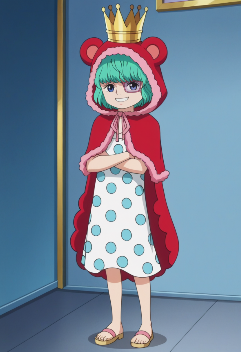 source_anime,anime screencap, anime coloring,intricate details,rating_explicit, masterpiece, best quality,
(best quality, absurd res, ultra detailed),,(4 finger:0.5),1girl, ((solo)), good eyes,perfect eyes,,detailed eyes, zPDXLxxx , zPDXL3,detailed, detailed face
BREAK
solo,indoors,front view,full body,
sugar, green hair, short hair, blue eyes, eyepatch, crown, red hood, animal hood, polka dot dress, dress,crossed arms,
smug,grin,
, <lora:add-detail-xl:2>  <lora:Sugar:0.8>