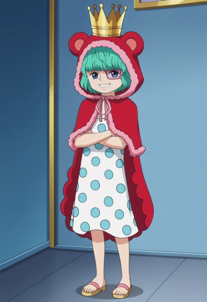 source_anime,anime screencap, anime coloring,intricate details,rating_explicit, masterpiece, best quality,
(best quality, absurd res, ultra detailed),,(4 finger:0.5),1girl, ((solo)), good eyes,perfect eyes,,detailed eyes, zPDXLxxx , zPDXL3,detailed, detailed face
BREAK
solo,indoors,front view,full body,
sugar, green hair, short hair, blue eyes, eyepatch, crown, red hood, animal hood, polka dot dress, dress,crossed arms,
smug,grin,
, <lora:add-detail-xl:2>  <lora:Sugar:0.8>