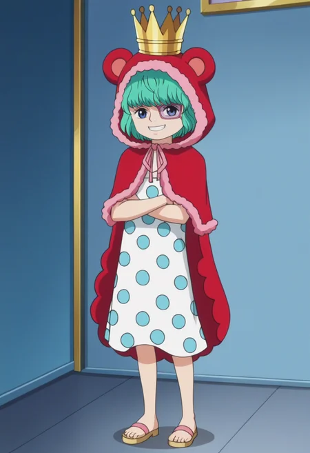 source_anime,anime screencap, anime coloring,intricate details,rating_explicit, masterpiece, best quality,
(best quality, absurd res, ultra detailed),,(4 finger:0.5),1girl, ((solo)), good eyes,perfect eyes,,detailed eyes, zPDXLxxx , zPDXL3,detailed, detailed face
BREAK
solo,indoors,front view,full body,
sugar, green hair, short hair, blue eyes, eyepatch, crown, red hood, animal hood, polka dot dress, dress,crossed arms,
smug,grin,
, <lora:add-detail-xl:2>  <lora:Sugar:0.8>