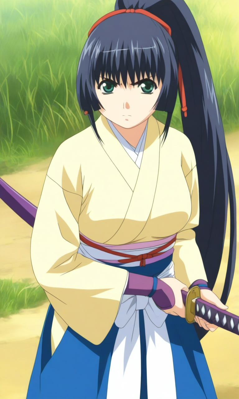 general,highres, ultra-detailed,very aesthetic,best quality ,best hands, BREAK <lora:Kurama-hime_Hininden_Gausu_IS:1>
Kurama-hime(Gausu), 1girl, solo, long hair, ponytail, sidelocks, bangs, blue black hair, hair ribbon, red ribbon, green eyes, medium breasts,
weapon, sword, ribbon, upper body, nature, katana, sheath
japanese clothes, pink kote, Yellow kimono, long sleeves, hakama skirt, blue hakama, white sash,
serious,looking at viewer, cowboy_Shot,
natural, grass, day, outdoor,