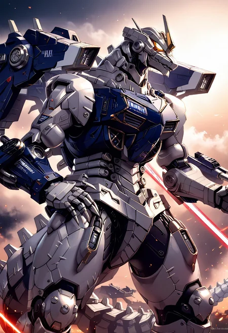 score_9, score_8_up, score_7_up, score_6_up, source_anime, rating_safe, aesthetic, 16K, dramatic lighting, Kiryu, robot, dragon, fighting stance, flames, rampage, mecha, cannons, laser, smoke, (((supermechagodzilla))),(((cannon fuse his back))),(((sword energy his hand)))